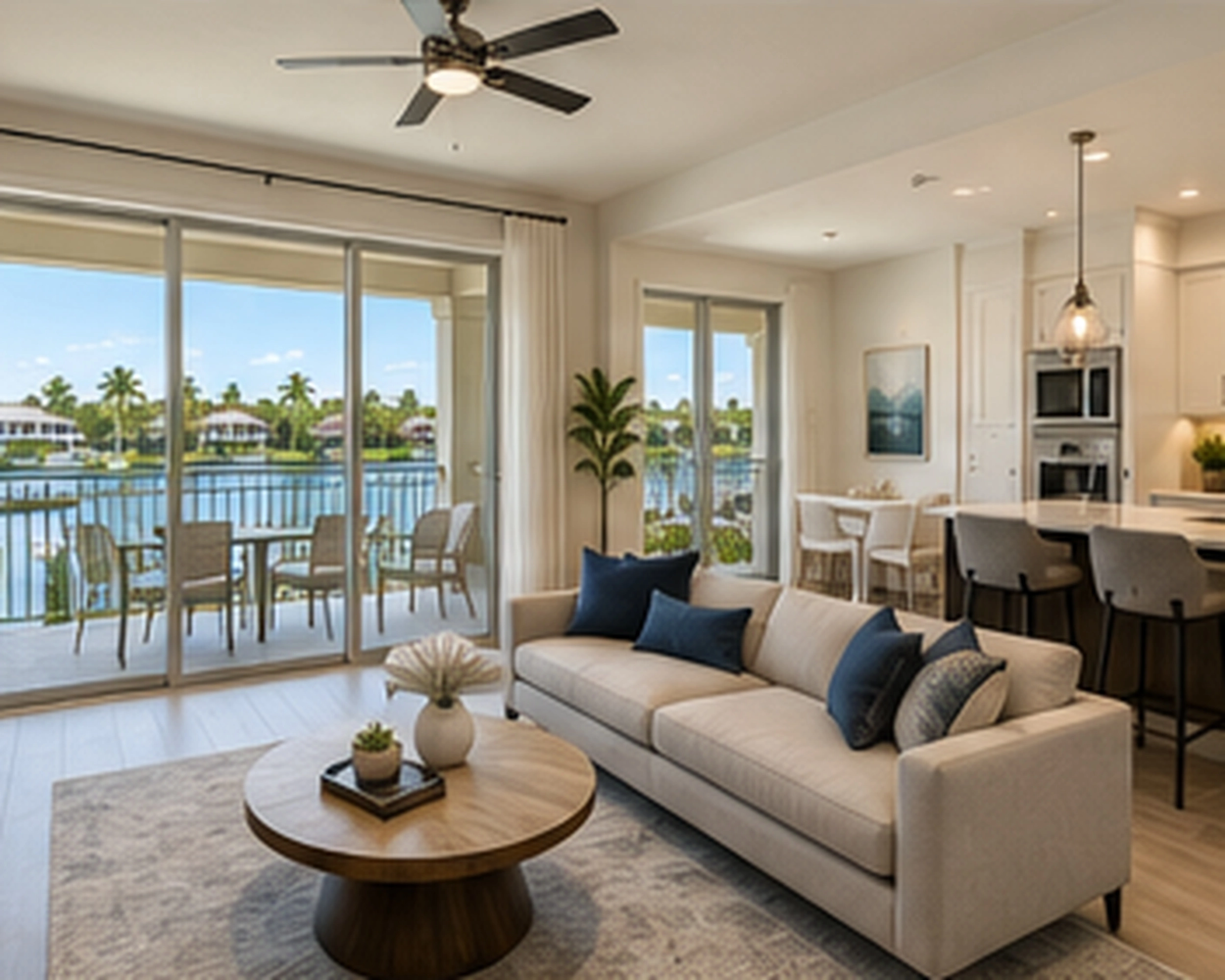 HORIZON end-unit living room with lakefront doors and additional side-window daylight.