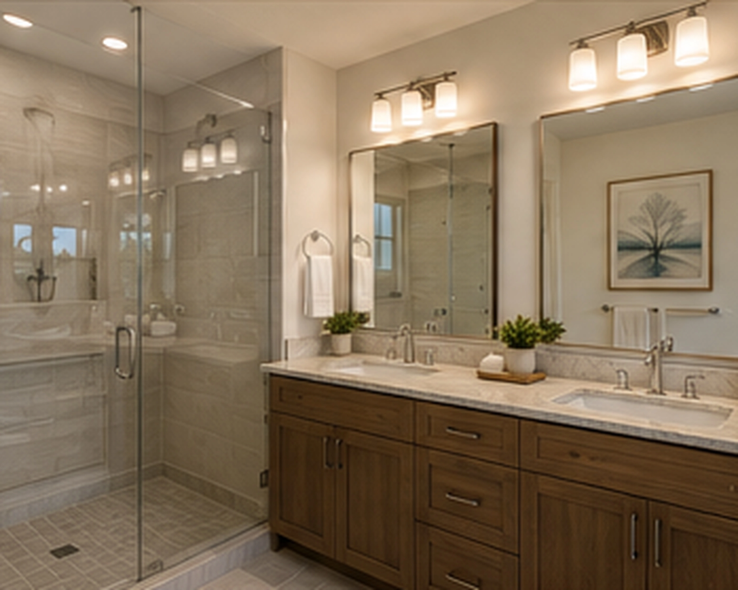 HORIZON primary bathroom with dual vanity, walk-in shower, and warm wood cabinetry.