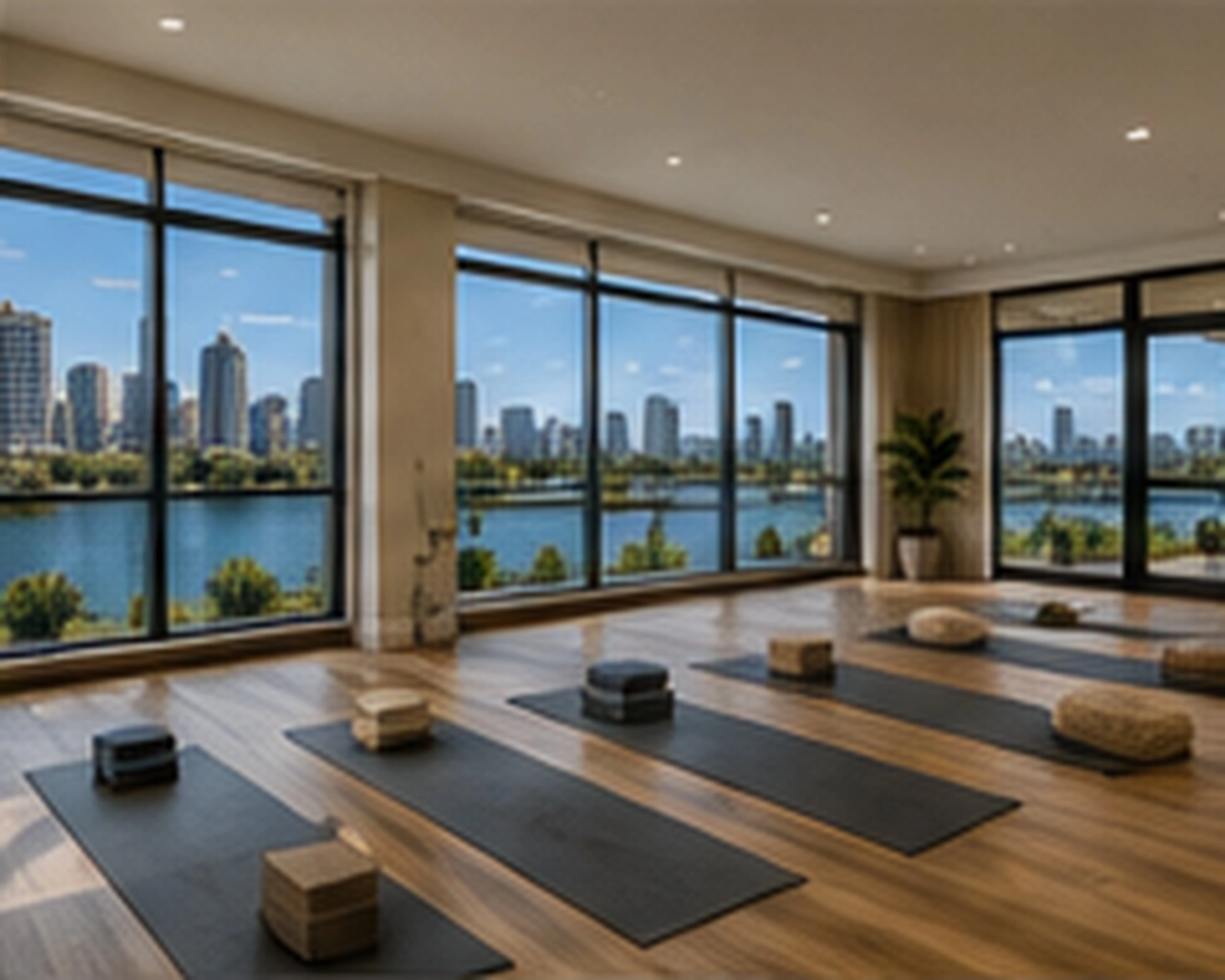 Daylit private yoga and movement studio at Windsor with wood flooring and panoramic lake views.